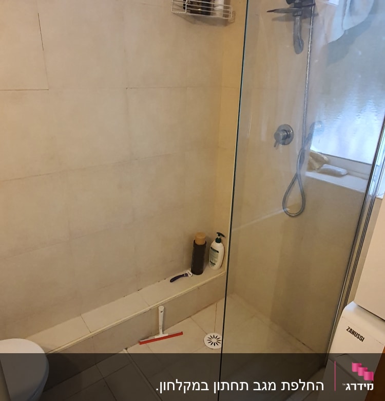 מקלחת עם דלת זכוכית, בקבוקי שמפו וסבון